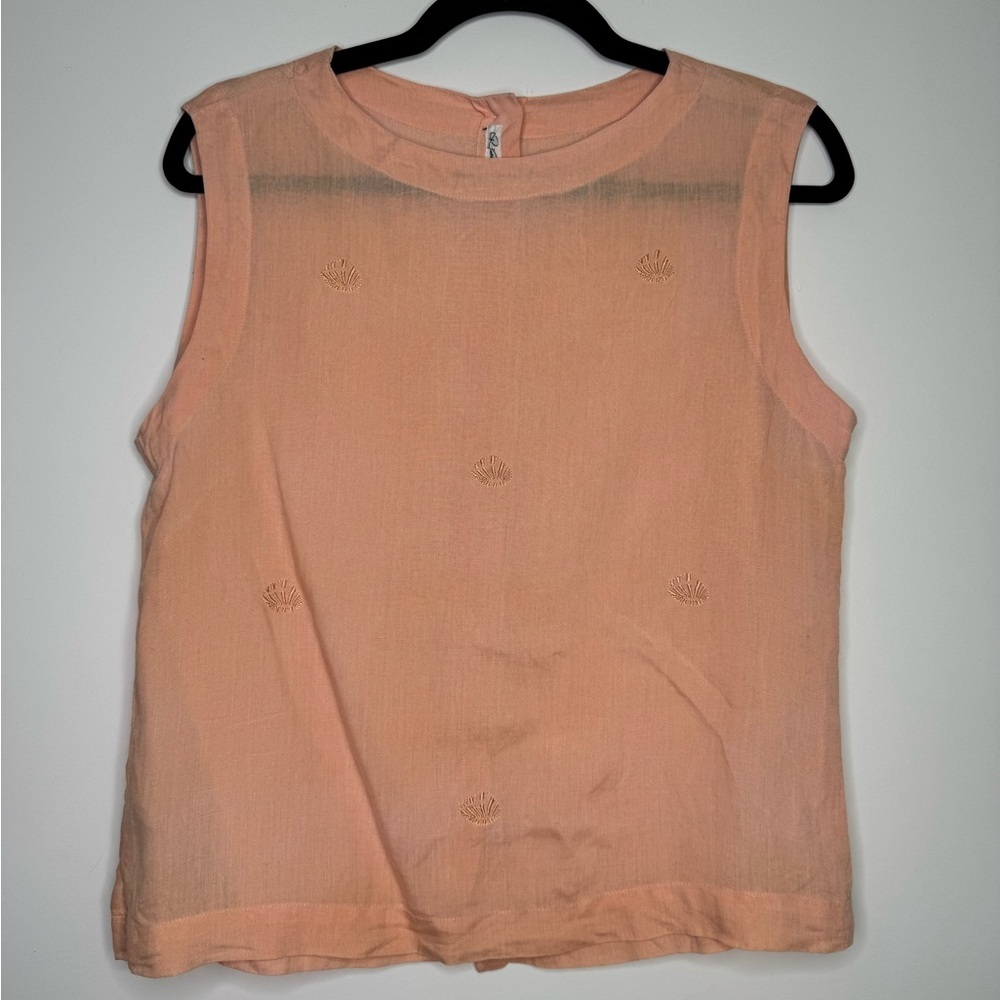 Rosa Morena corail peach linen shell embroidered top
